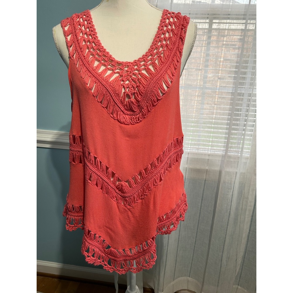 Altar'd State Women Coral Orange Crochet Trim Boho Tank Top Size M Handkerchief